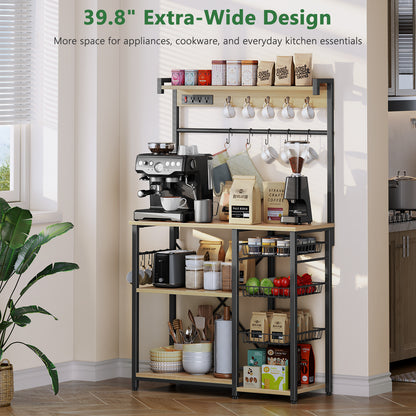 Biemlerfn 39.8" Wide Large Bakers Rack with Power Outlets, 5 Tiers Coffee Bar Table with 3 Wire Basket（White Oak）