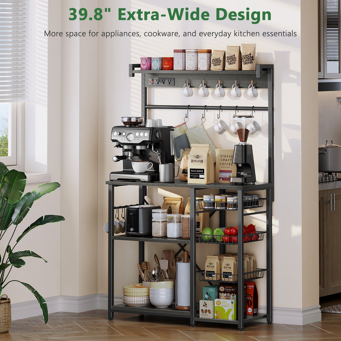 Biemlerfn 39.8" Wide Large Bakers Rack with Power Outlets, 5 Tiers Coffee Bar Table with 3 Wire Basket（Oak Gray）