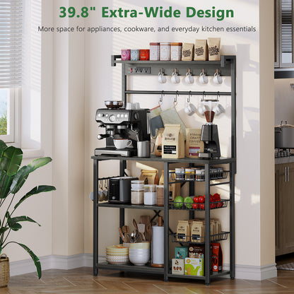 Biemlerfn 39.8" Wide Large Bakers Rack with Power Outlets, 5 Tiers Coffee Bar Table with 3 Wire Basket（Oak Gray）