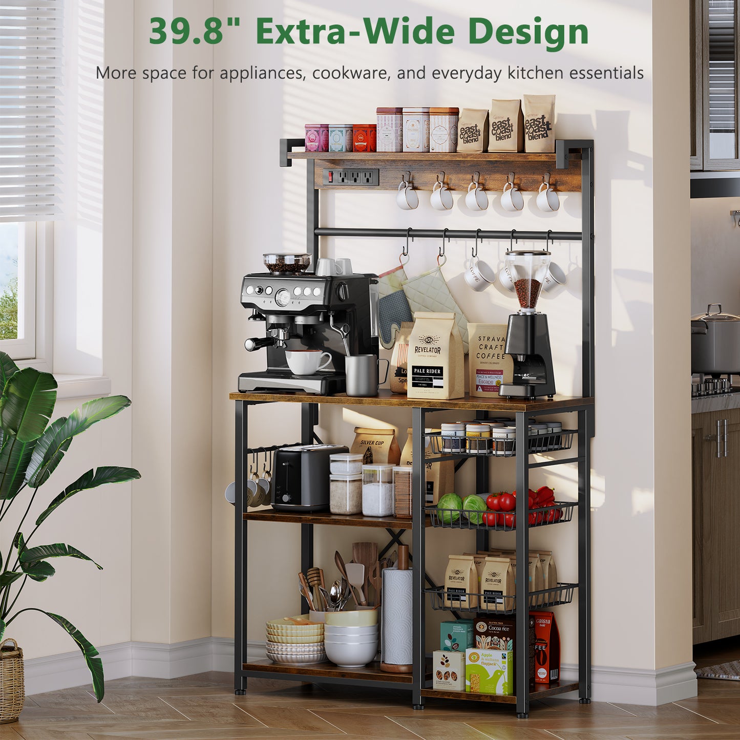 Biemlerfn 39.8" Wide Large Bakers Rack with Power Outlets, 5 Tiers Coffee Bar Table with 3 Wire Basket（Rustic Brown）