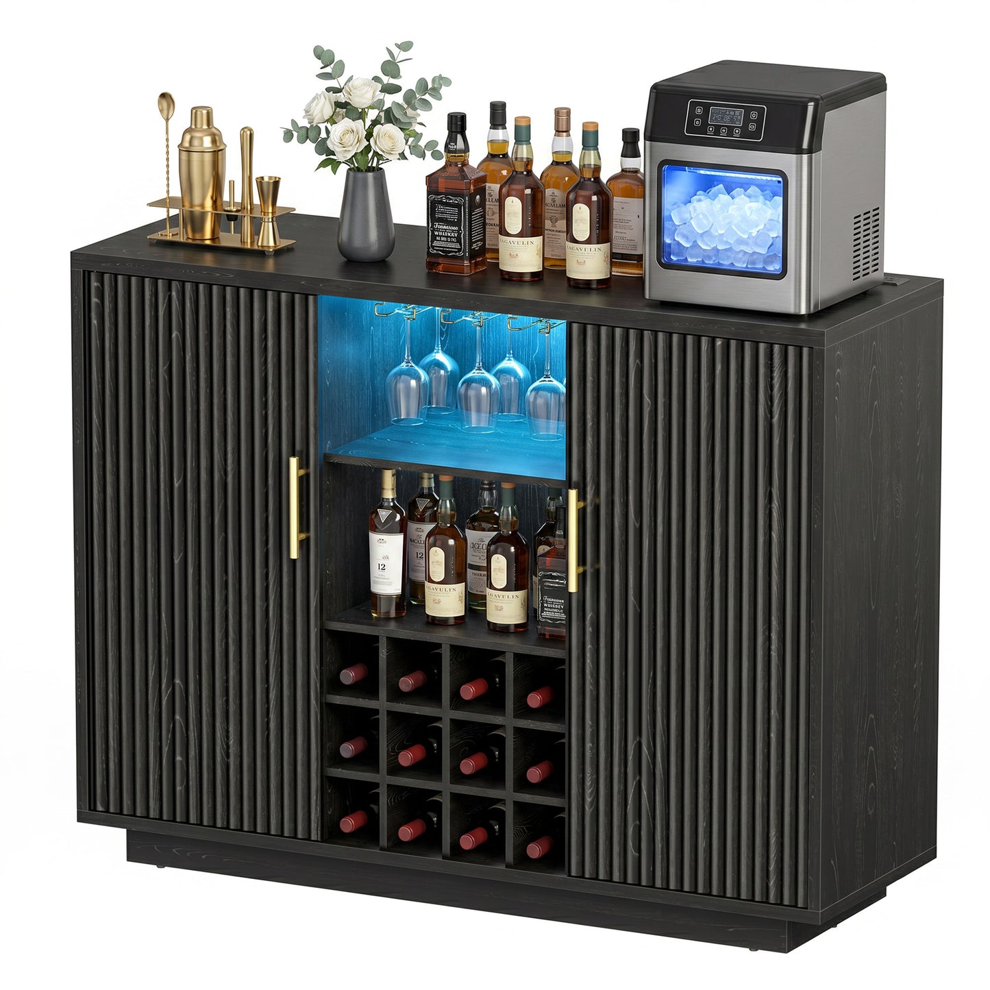 Biemlerfn RGB Wine Bar Cabinet with Built-in Charging Station, Modern Coffee Bar Cabinet with Wine Rack and Glass Holder, Fluted Liquor Cabinet with Storage for Home