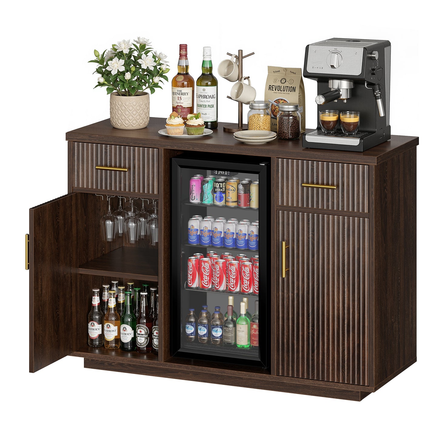 Biemlerfn 55" Coffee Bar Cabinet with Mini Fridge Space, Sideboard Buffet Table & Liquor Cabinet with Power Outlet, Kitchen Hutch with Wine Glass Holder