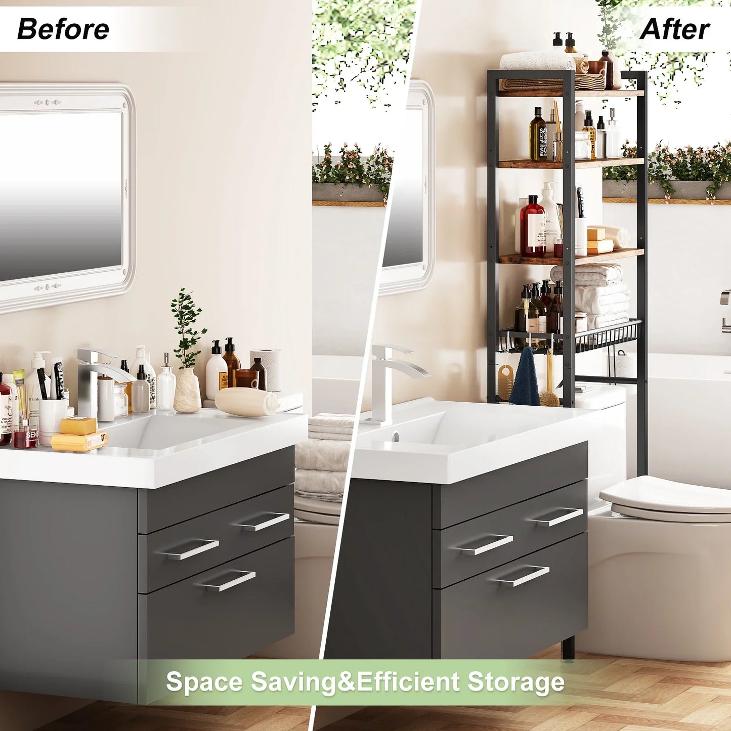 Biemlerfn Over The Toilet Storage Shelf, 4-Tier Wooden Bathroom Organizer Adjustable Saver Space Rack with Toilet Paper Holder