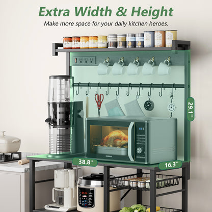 Biemlerfn 39.8" Wide Large Bakers Rack with Power Outlets, 5 Tiers Coffee Bar Table with 3 Wire Basket（Oak Gray）