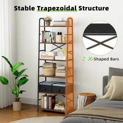 Biemlerfn 6 Tier Book Shelf, Ladder Bookcase with 2 Removable Drawers