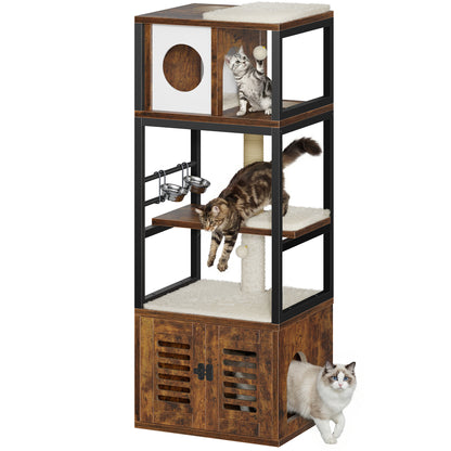 Biemlerfn 58.27" Cat Tree with Litter Box Enclosure, Multi-Level Cat Tower with Elevated Perch & Feeding Station, Scratching Post, Anti-Tip Design for Indoor Cats