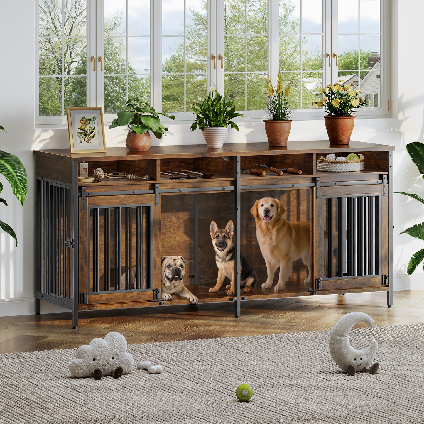 Biemlerfn 78.74'' Double Dog Crate Furniture with Removable Divider and 4 Compartments(Brown)