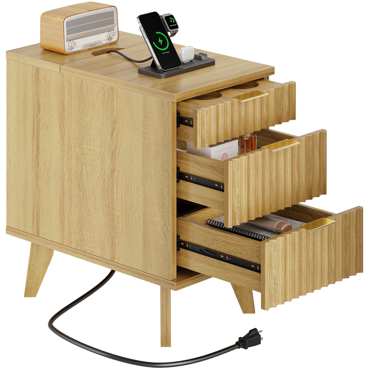 Biemlerfn 3 Drawers End Table with Charging Station, Narrow Side Table for Living Room, Sofa Side Table with Drawer and Storage Cabinet, Small Nightstand for Home Office