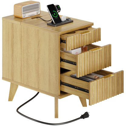 Biemlerfn 3 Drawers End Table with Charging Station, Narrow Side Table for Living Room, Sofa Side Table with Drawer and Storage Cabinet, Small Nightstand for Home Office