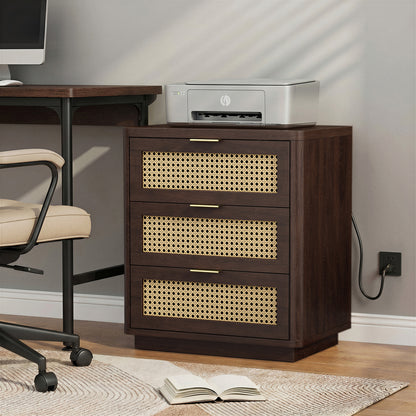 Biemlerfn Night Stand with Charging Station, 3 Drawers Bedside Table, Rattan End Table, Wood Dresser Organizer for Bedroom, Living Room