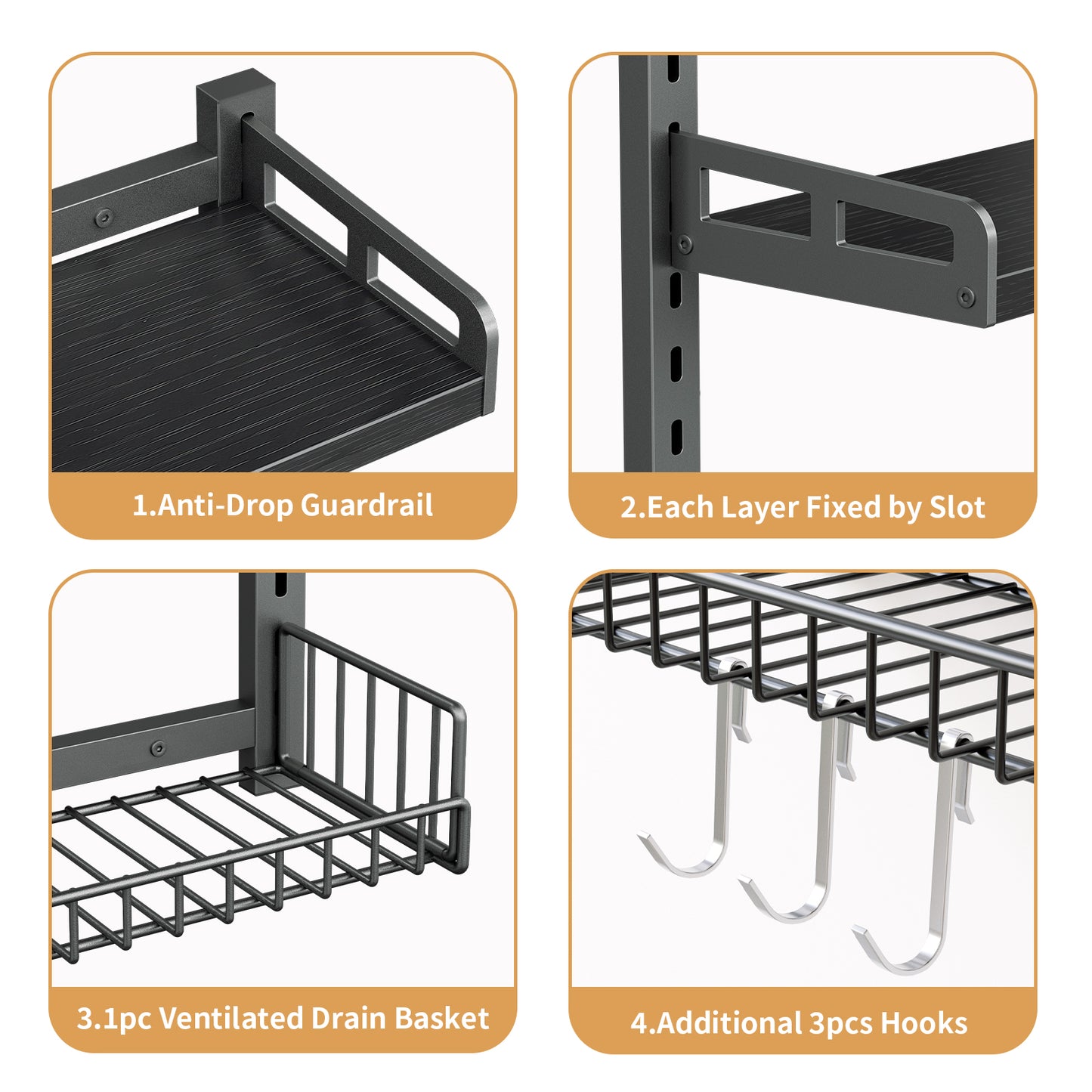 Biemlerfn 3 Tier Bathroom Shelves Over Toilet - Wall Mounted Floating Shelves with Drain Basket, Height Adjustable Over The Toilet Storage，（Black）