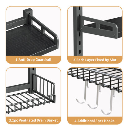 Biemlerfn 3 Tier Bathroom Shelves Over Toilet - Wall Mounted Floating Shelves with Drain Basket, Height Adjustable Over The Toilet Storage，（Black）