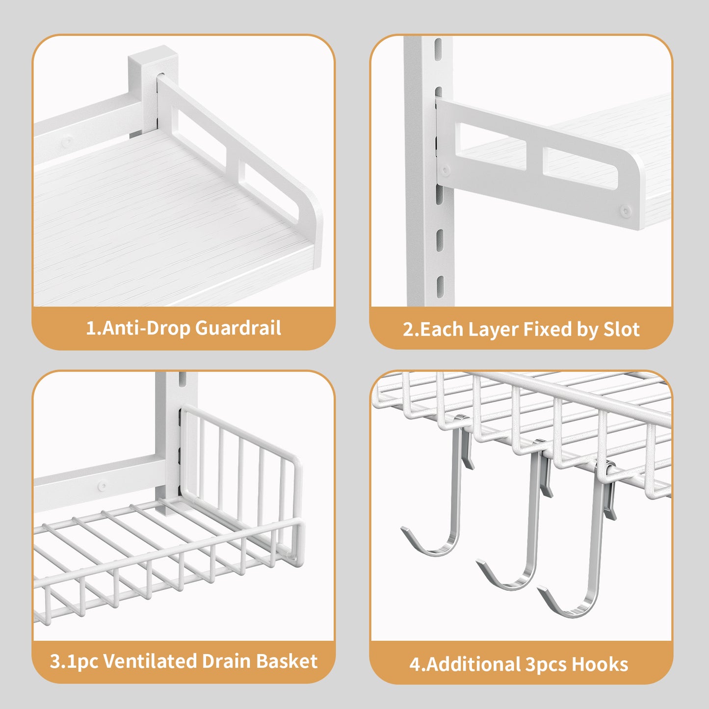 Biemlerfn 3 Tier Bathroom Shelves Over Toilet - Wall Mounted Floating Shelves with Drain Basket, Height Adjustable Over The Toilet Storage（White）