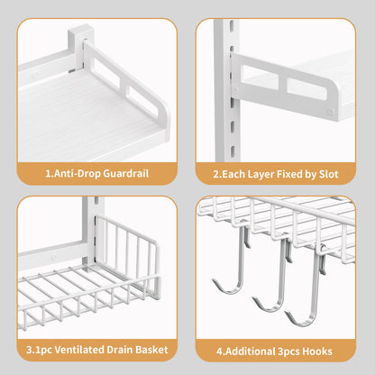 Biemlerfn 3 Tier Bathroom Shelves Over Toilet - Wall Mounted Floating Shelves with Drain Basket, Height Adjustable Over The Toilet Storage（White）