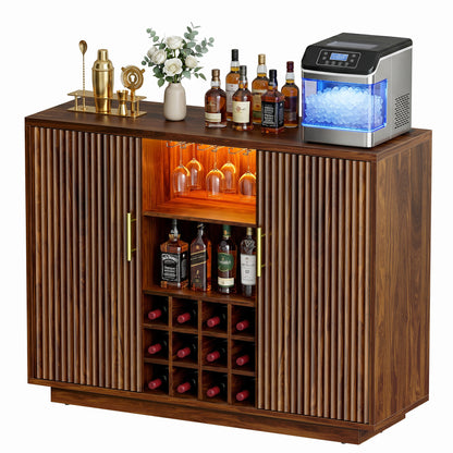 Biemlerfn RGB Wine Bar Cabinet with Built-in Charging Station, Modern Coffee Bar Cabinet with Wine Rack and Glass Holder, Fluted Liquor Cabinet with Storage for Home