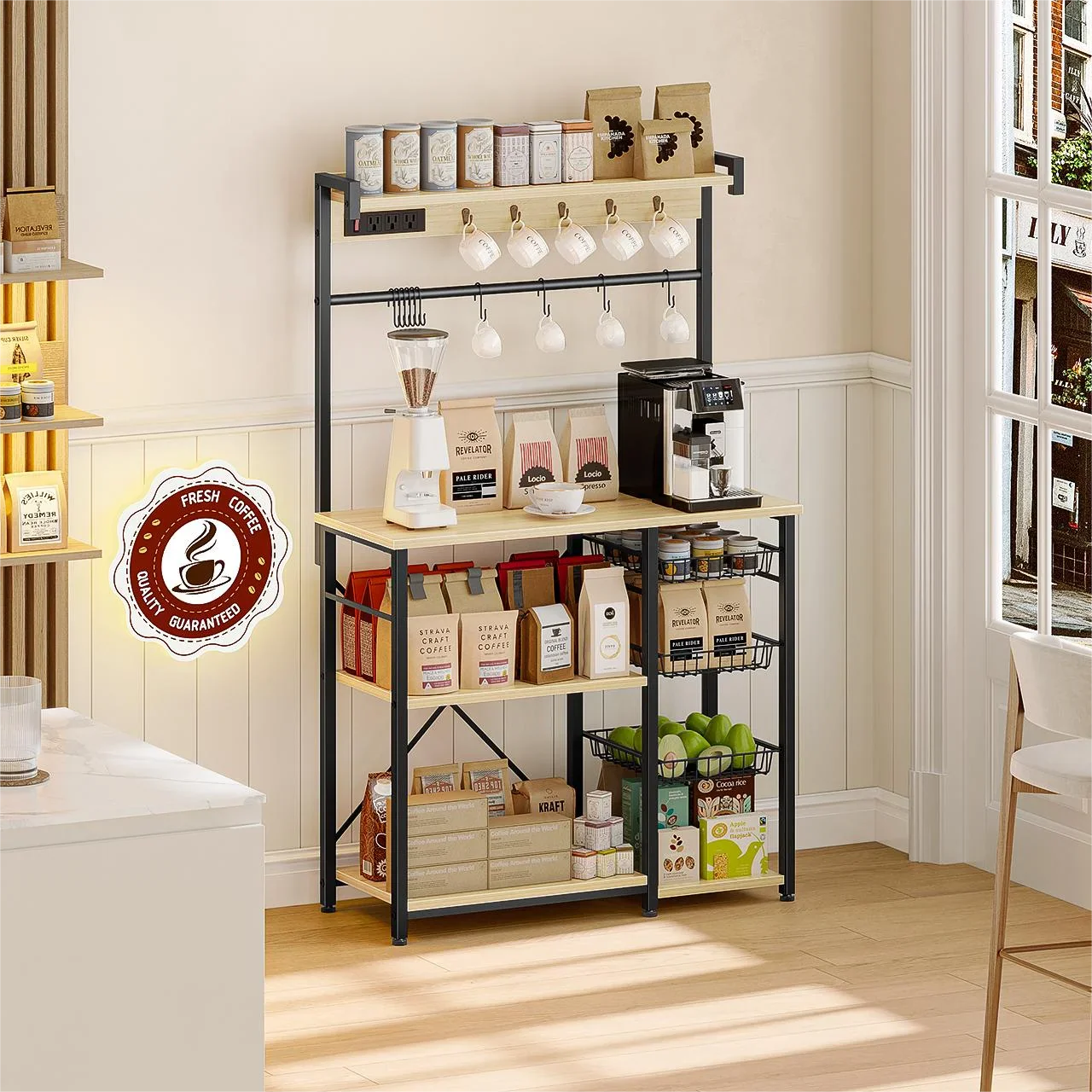 Biemlerfn 39.8" Wide Large Bakers Rack with Power Outlets, 5 Tiers Coffee Bar Table with 3 Wire Basket