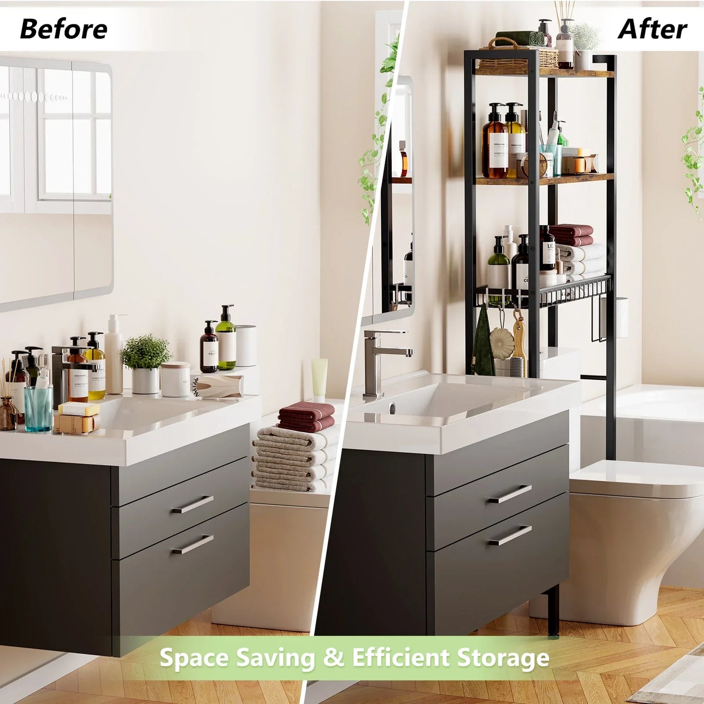 Biemlerfn Over The Toilet Storage Shelf, 3-Tier Wooden Bathroom Organizer Freestanding Space Saver