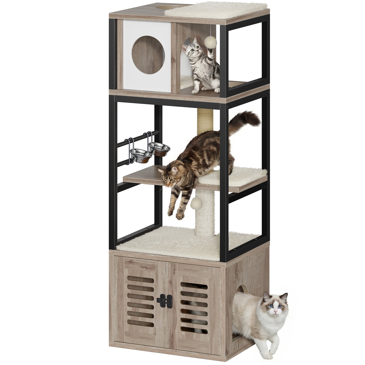 Biemlerfn 58.27" Cat Tree with Litter Box Enclosure, Multi-Level Cat Tower with Elevated Perch & Feeding Station, Scratching Post, Anti-Tip Design for Indoor Cats