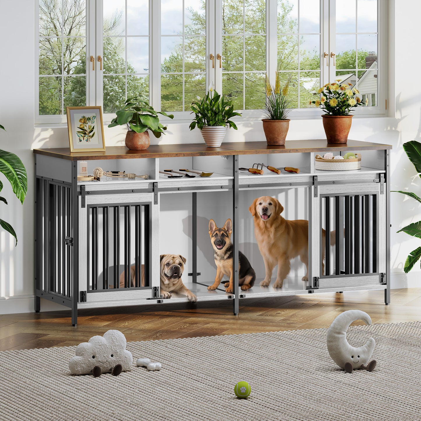 Biemlerfn 78.74'' Double Dog Crate Furniture with Removable Divider and 4 Compartments(White）