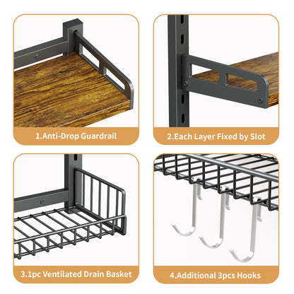 Biemlerfn 3 Tier Bathroom Shelves Over Toilet - Wall Mounted Floating Shelves with Drain Basket, Vintage Brown, Height Adjustable Over The Toilet Storage,,