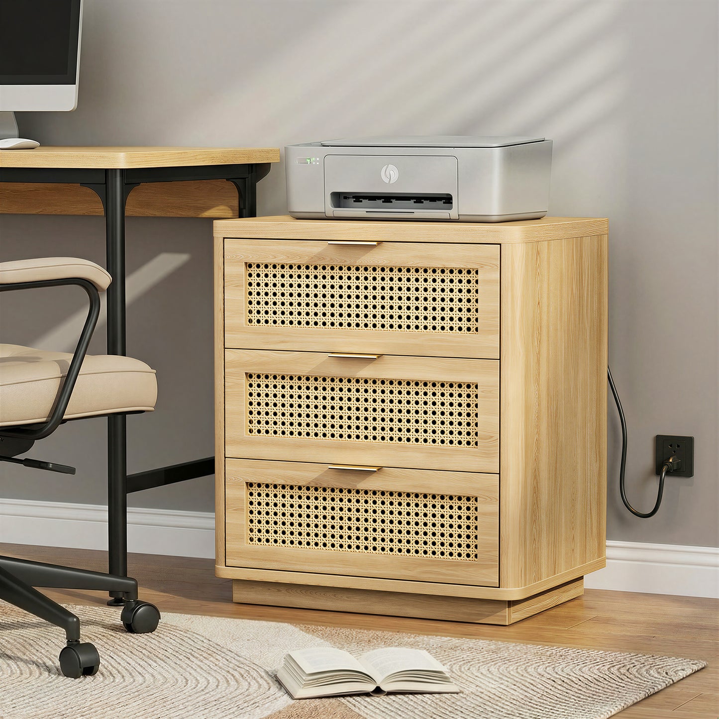 Biemlerfn Night Stand with Charging Station, 3 Drawers Bedside Table, Rattan End Table, Wood Dresser Organizer for Bedroom, Living Room
