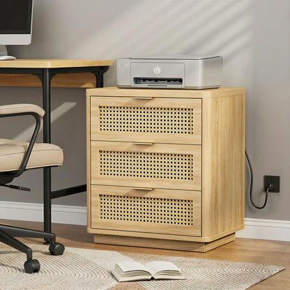 Biemlerfn Night Stand with Charging Station, 3 Drawers Bedside Table, Rattan End Table, Wood Dresser Organizer for Bedroom, Living Room