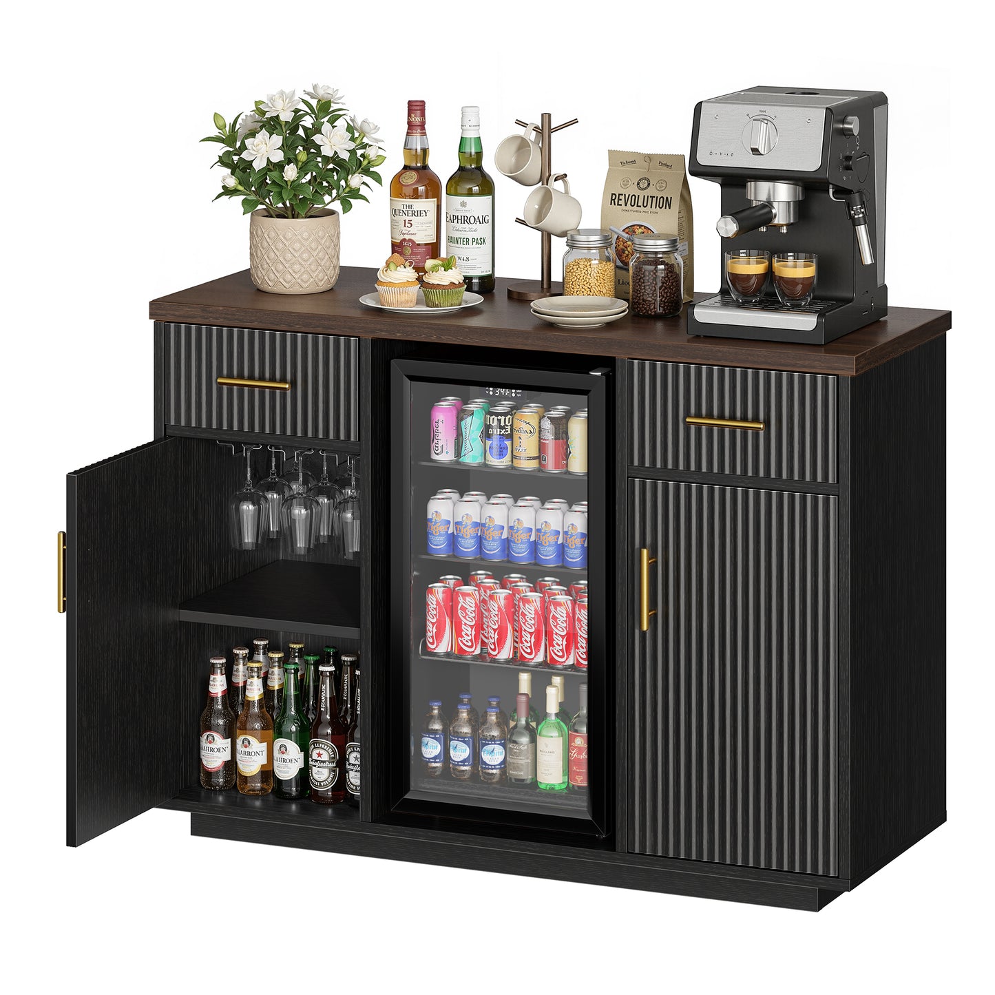 Biemlerfn 55" Coffee Bar Cabinet with Mini Fridge Space, Sideboard Buffet Table & Liquor Cabinet with Power Outlet, Kitchen Hutch with Wine Glass Holder