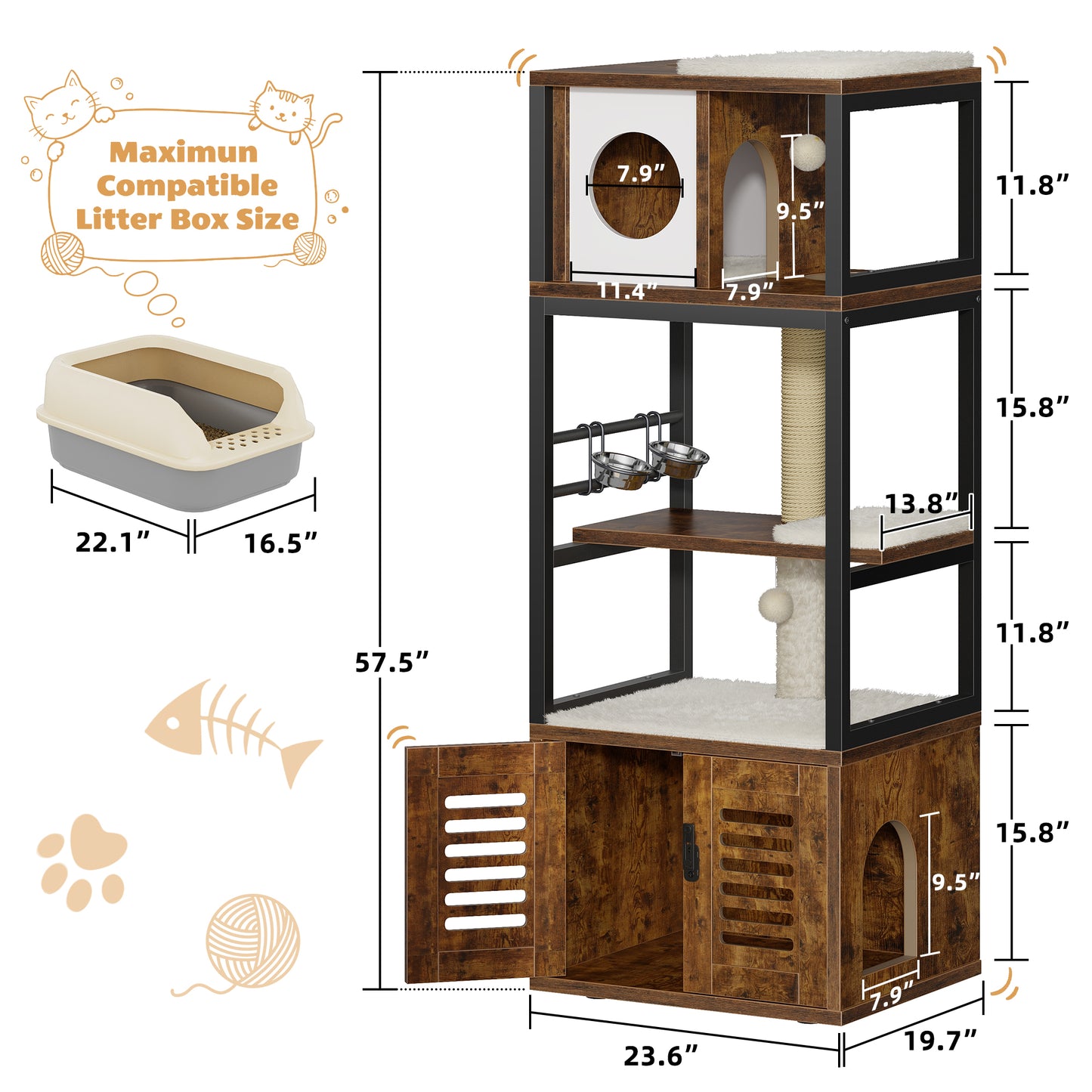 Biemlerfn 58.27" Cat Tree with Litter Box Enclosure, Multi-Level Cat Tower with Elevated Perch & Feeding Station, Scratching Post, Anti-Tip Design for Indoor Cats