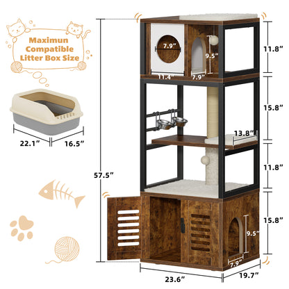 Biemlerfn 58.27" Cat Tree with Litter Box Enclosure, Multi-Level Cat Tower with Elevated Perch & Feeding Station, Scratching Post, Anti-Tip Design for Indoor Cats
