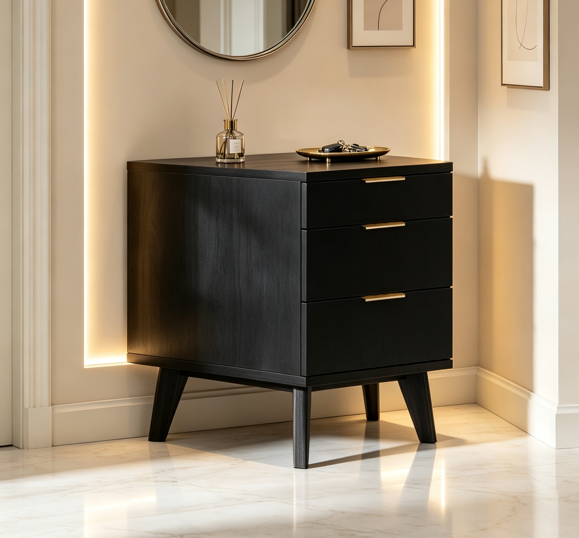 Biemlerfn 3 Drawer Side Table with Charging Station, Narrow End Table with Rear Open Storage Compartment, Wooden Accent Table for Bedroom, Living Room, 5.5FT Power Cord, Natural Wood-HET-05