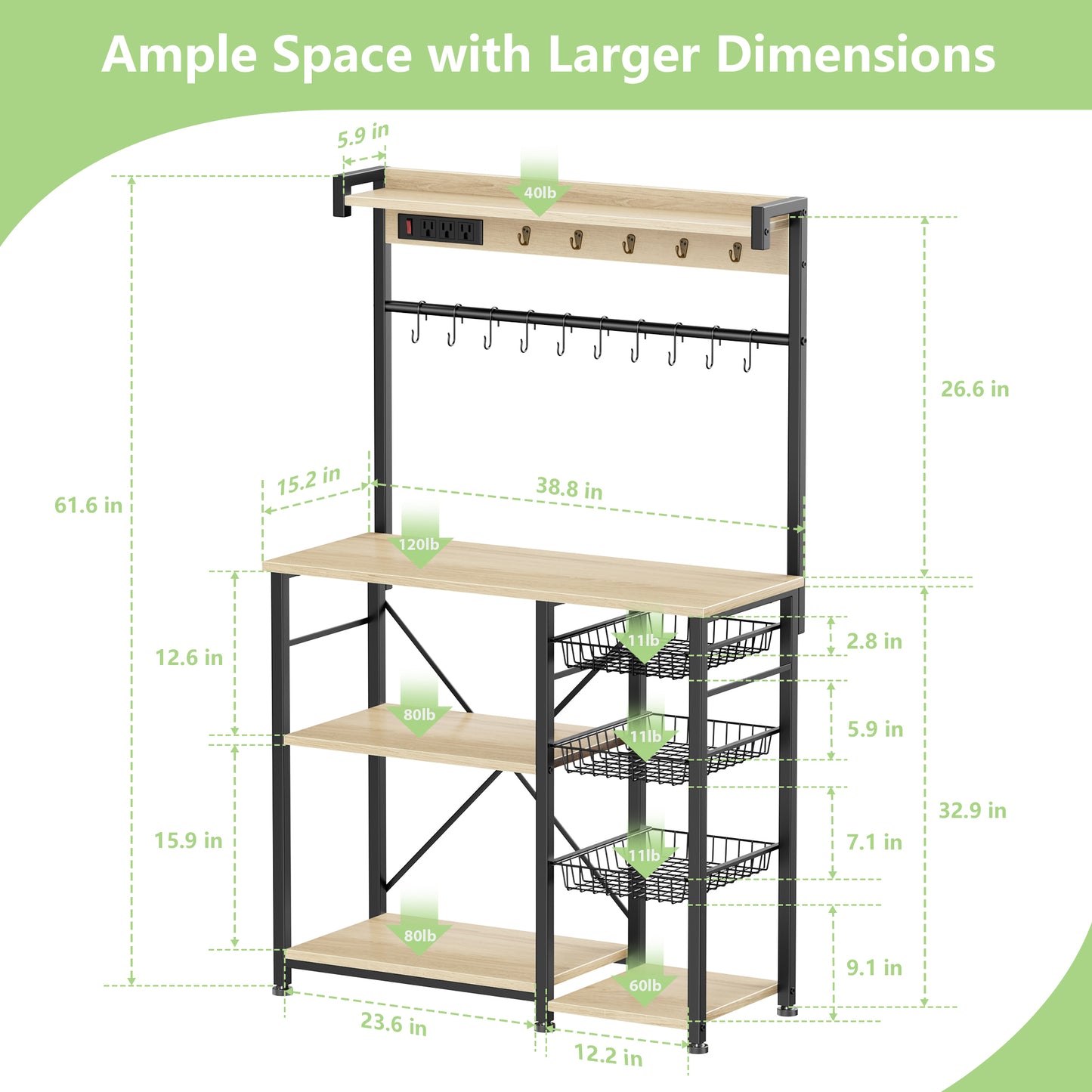 Biemlerfn 39.8" Wide Large Bakers Rack with Power Outlets, 5 Tiers Coffee Bar Table with 3 Wire Basket（White Oak）