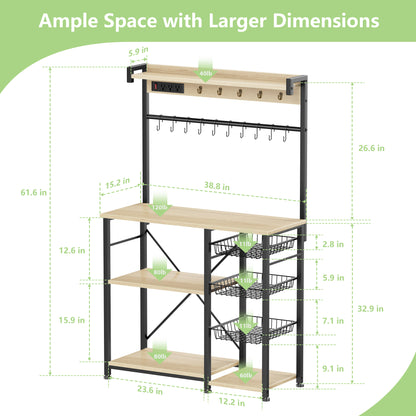 Biemlerfn 39.8" Wide Large Bakers Rack with Power Outlets, 5 Tiers Coffee Bar Table with 3 Wire Basket（White Oak）