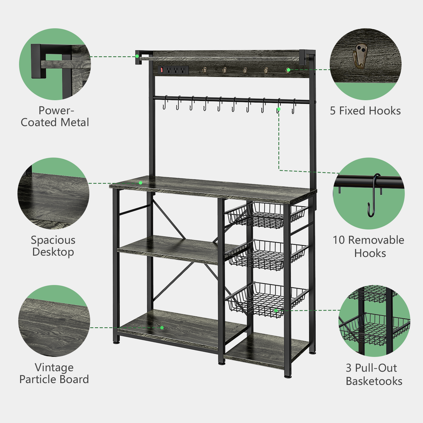 Biemlerfn 39.8" Wide Large Bakers Rack with Power Outlets, 5 Tiers Coffee Bar Table with 3 Wire Basket（Oak Gray）