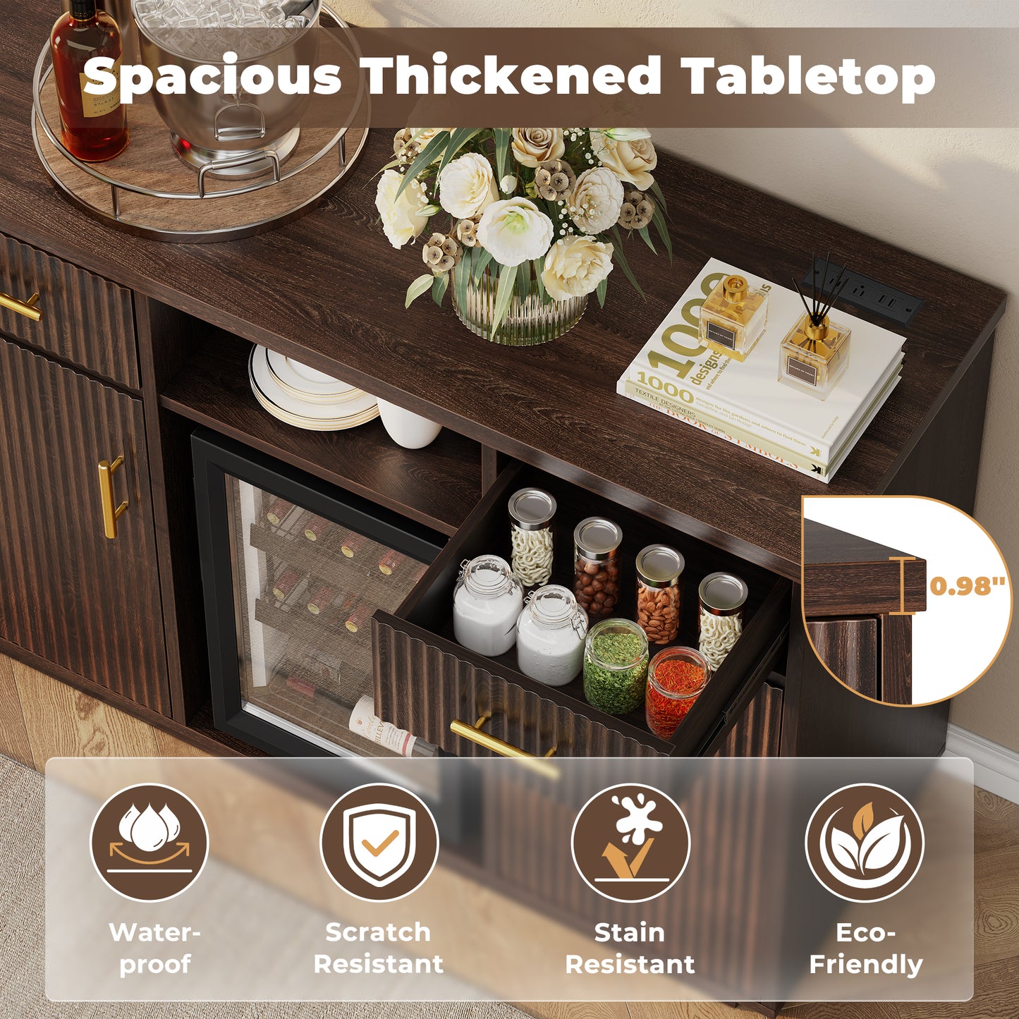 Biemlerfn 55" Coffee Bar Cabinet with Mini Fridge Space, Sideboard Buffet Table & Liquor Cabinet with Power Outlet, Kitchen Hutch with Wine Glass Holder