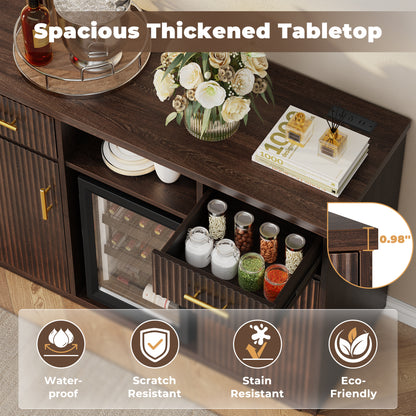 Biemlerfn 55" Coffee Bar Cabinet with Mini Fridge Space, Sideboard Buffet Table & Liquor Cabinet with Power Outlet, Kitchen Hutch with Wine Glass Holder