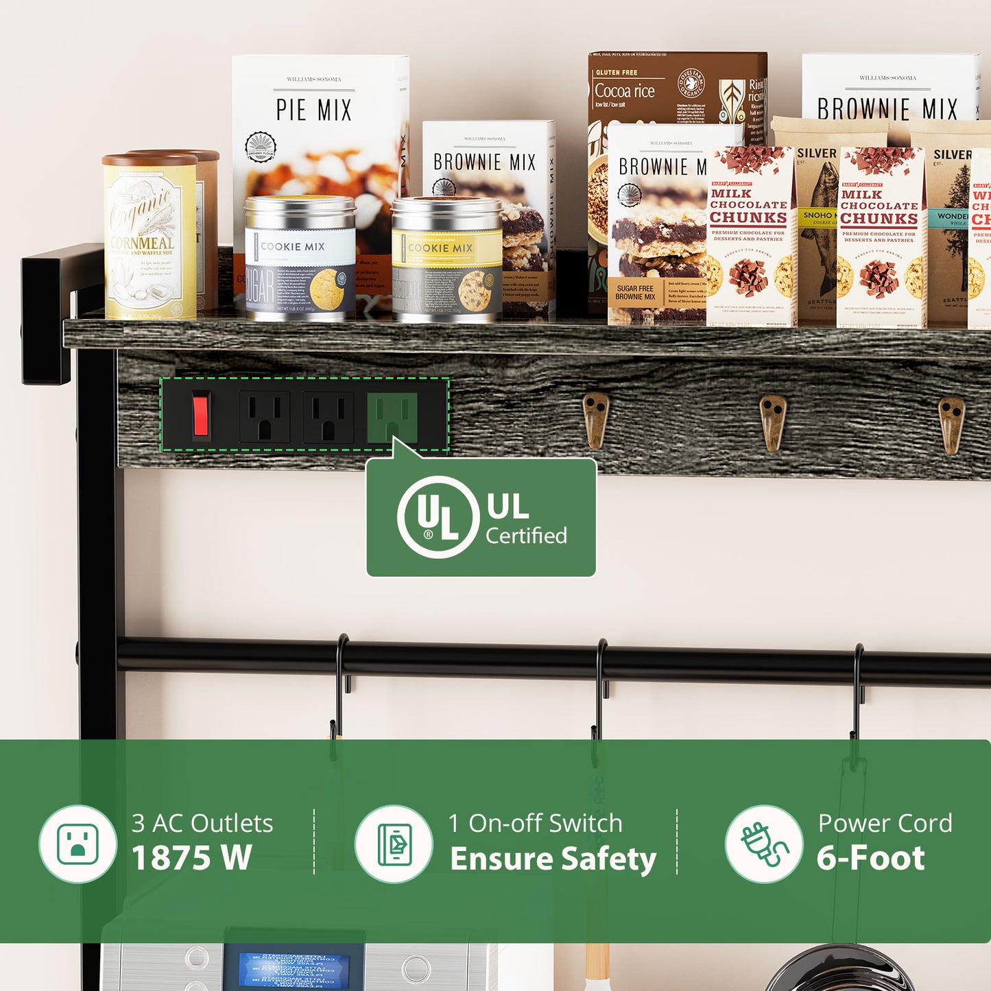 Biemlerfn 39.8" Wide Large Bakers Rack with Power Outlets, 5 Tiers Coffee Bar Table with 3 Wire Basket（Oak Gray）