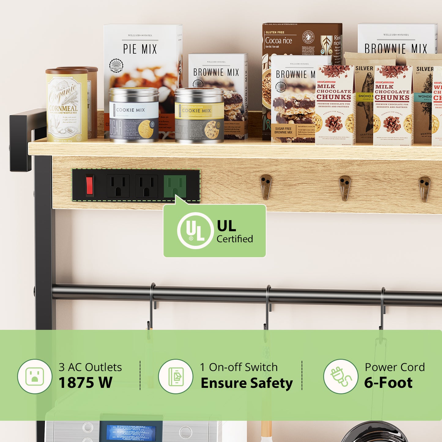 Biemlerfn 39.8" Wide Large Bakers Rack with Power Outlets, 5 Tiers Coffee Bar Table with 3 Wire Basket（White Oak）