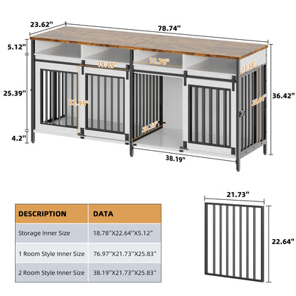 Biemlerfn 78.74'' Double Dog Crate Furniture with Removable Divider and 4 Compartments(White）