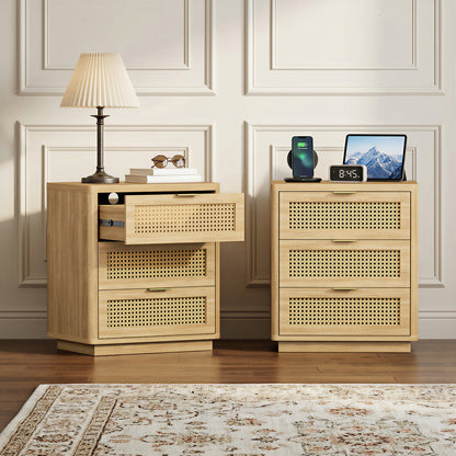 Biemlerfn Night Stand with Charging Station, 3 Drawers Bedside Table, Rattan End Table, Wood Dresser Organizer for Bedroom, Living Room