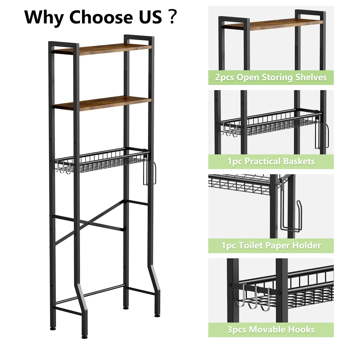 Biemlerfn Over The Toilet Storage Shelf, 3-Tier Wooden Bathroom Organizer Freestanding Space Saver