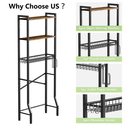 Biemlerfn Over The Toilet Storage Shelf, 3-Tier Wooden Bathroom Organizer Freestanding Space Saver