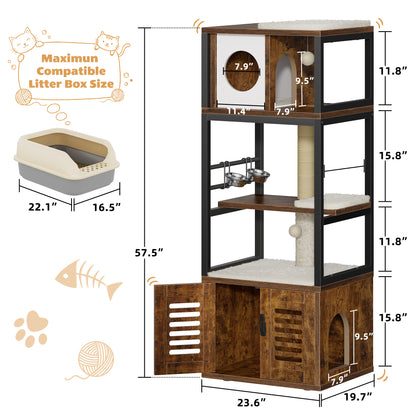 Biemlerfn 58.27" Cat Tree with Litter Box Enclosure, Multi-Level Cat Tower with Elevated Perch & Feeding Station, Scratching Post, Anti-Tip Design for Indoor Cats