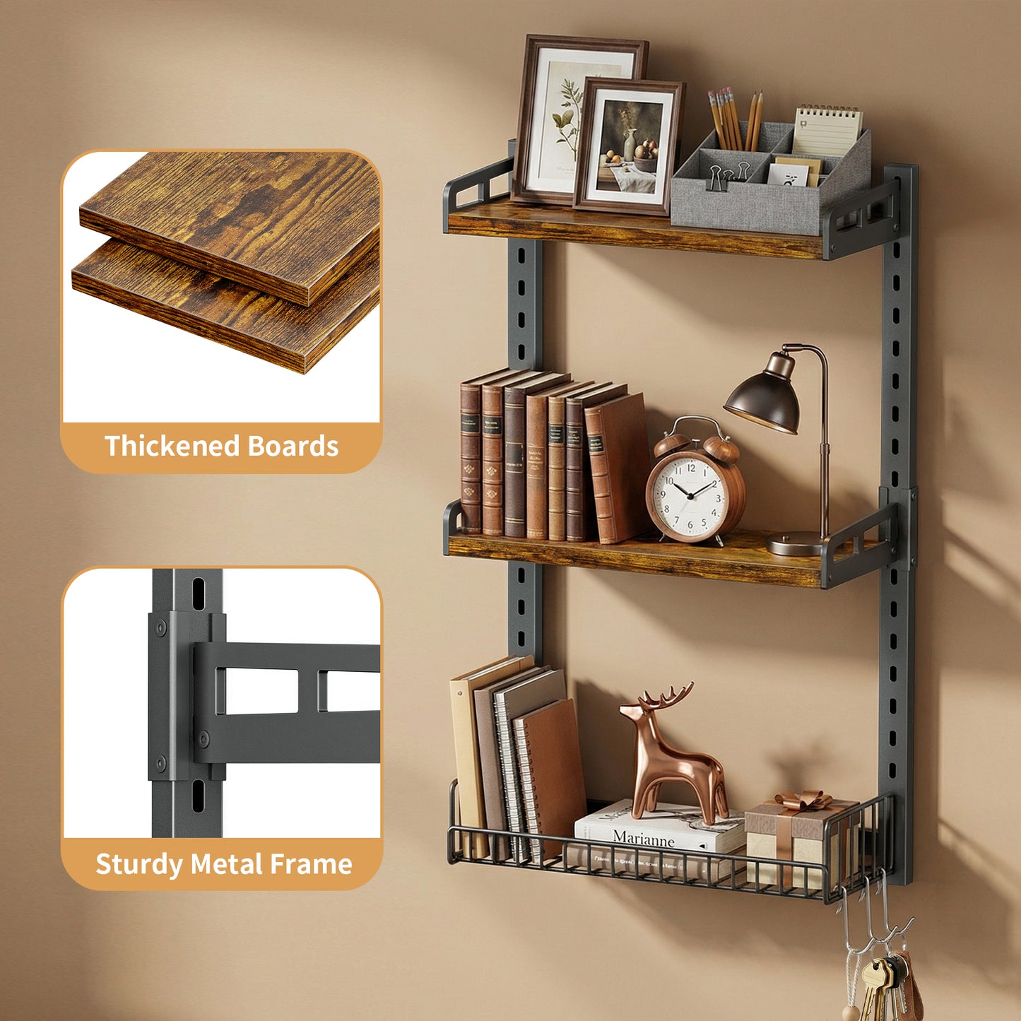 Biemlerfn 3 Tier Bathroom Shelves Over Toilet - Wall Mounted Floating Shelves with Drain Basket, Vintage Brown, Height Adjustable Over The Toilet Storage,,