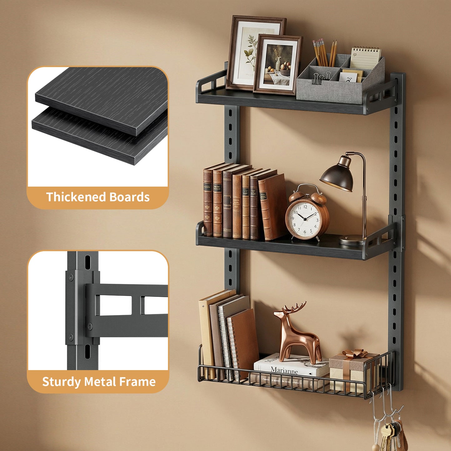 Biemlerfn 3 Tier Bathroom Shelves Over Toilet - Wall Mounted Floating Shelves with Drain Basket, Height Adjustable Over The Toilet Storage，（Black）