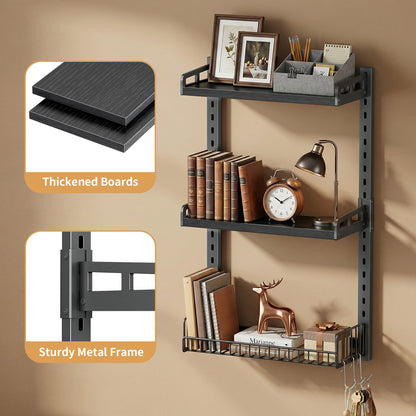 Biemlerfn 3 Tier Bathroom Shelves Over Toilet - Wall Mounted Floating Shelves with Drain Basket, Height Adjustable Over The Toilet Storage，（Black）