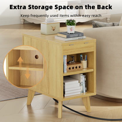 Biemlerfn 3 Drawers End Table with Charging Station, Narrow Side Table for Living Room, Sofa Side Table with Drawer and Storage Cabinet, Small Nightstand for Home Office