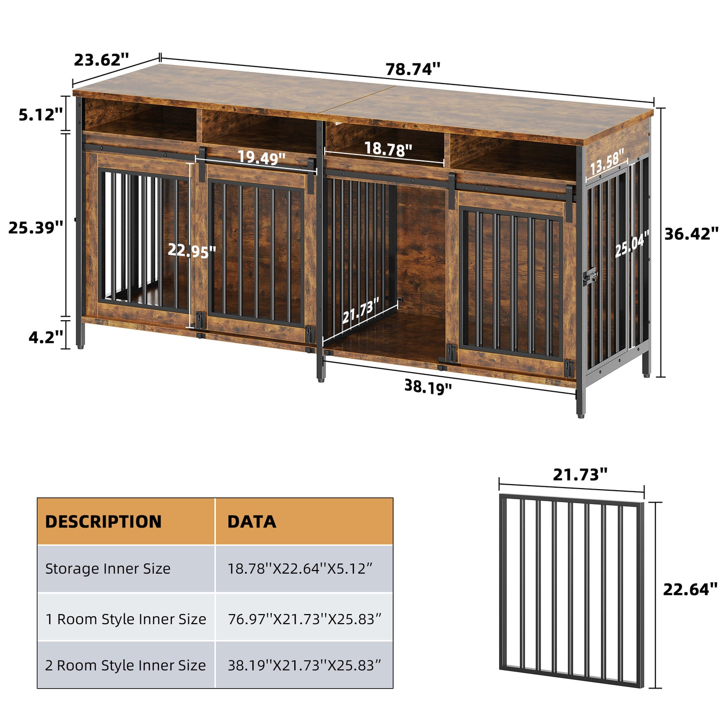 Biemlerfn 78.74'' Double Dog Crate Furniture with Removable Divider and 4 Compartments(Brown)