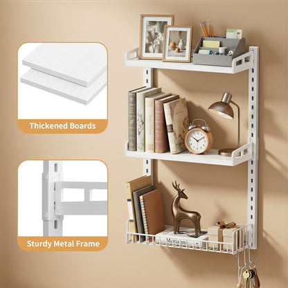 Biemlerfn 3 Tier Bathroom Shelves Over Toilet - Wall Mounted Floating Shelves with Drain Basket, Height Adjustable Over The Toilet Storage（White）