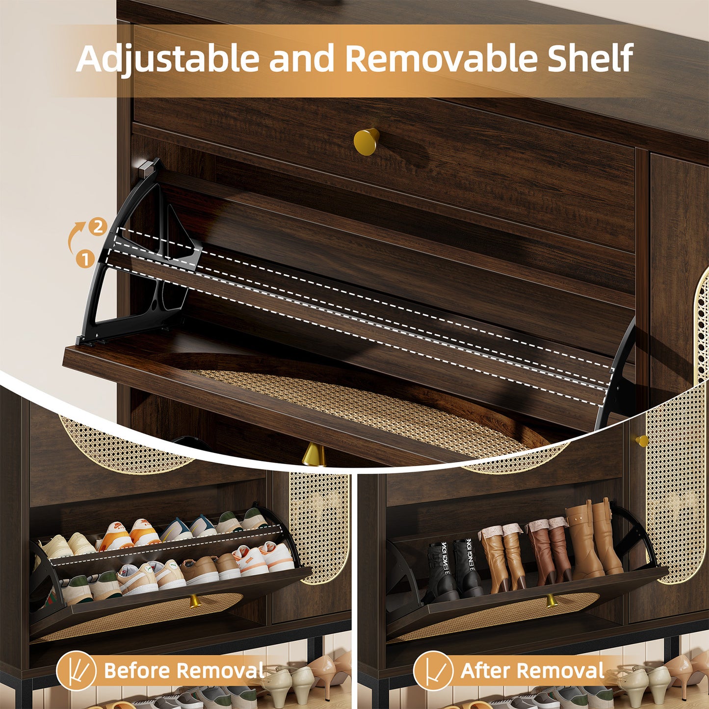 Biemlerfn Shoe Cabinet Storage with 2 Flip Drawers, Free Standing Wooden Shoe Storage Organizer Cabinet with Rattan Doors for Entryway