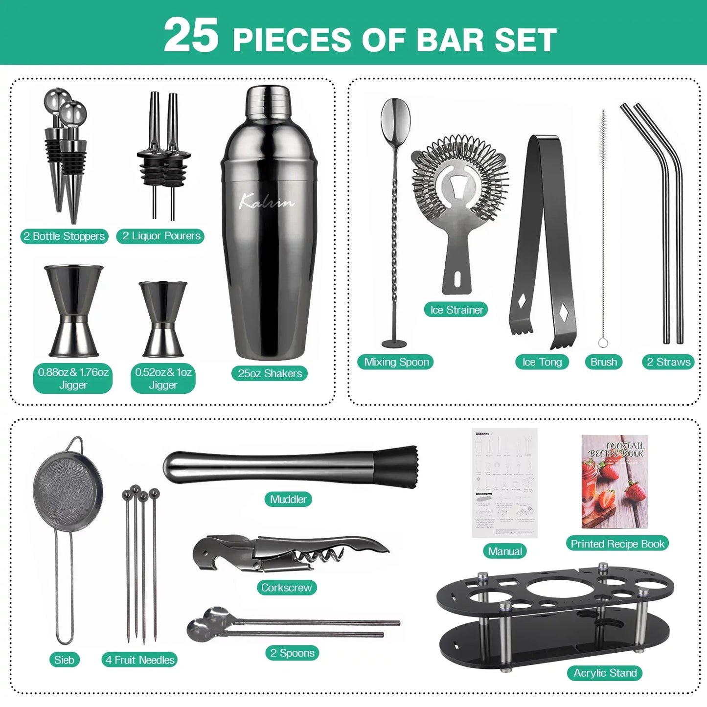Biemlerfn Bartender Kit, 25-Piece Cocktail Shaker Set Stainless Steel Bar Tools